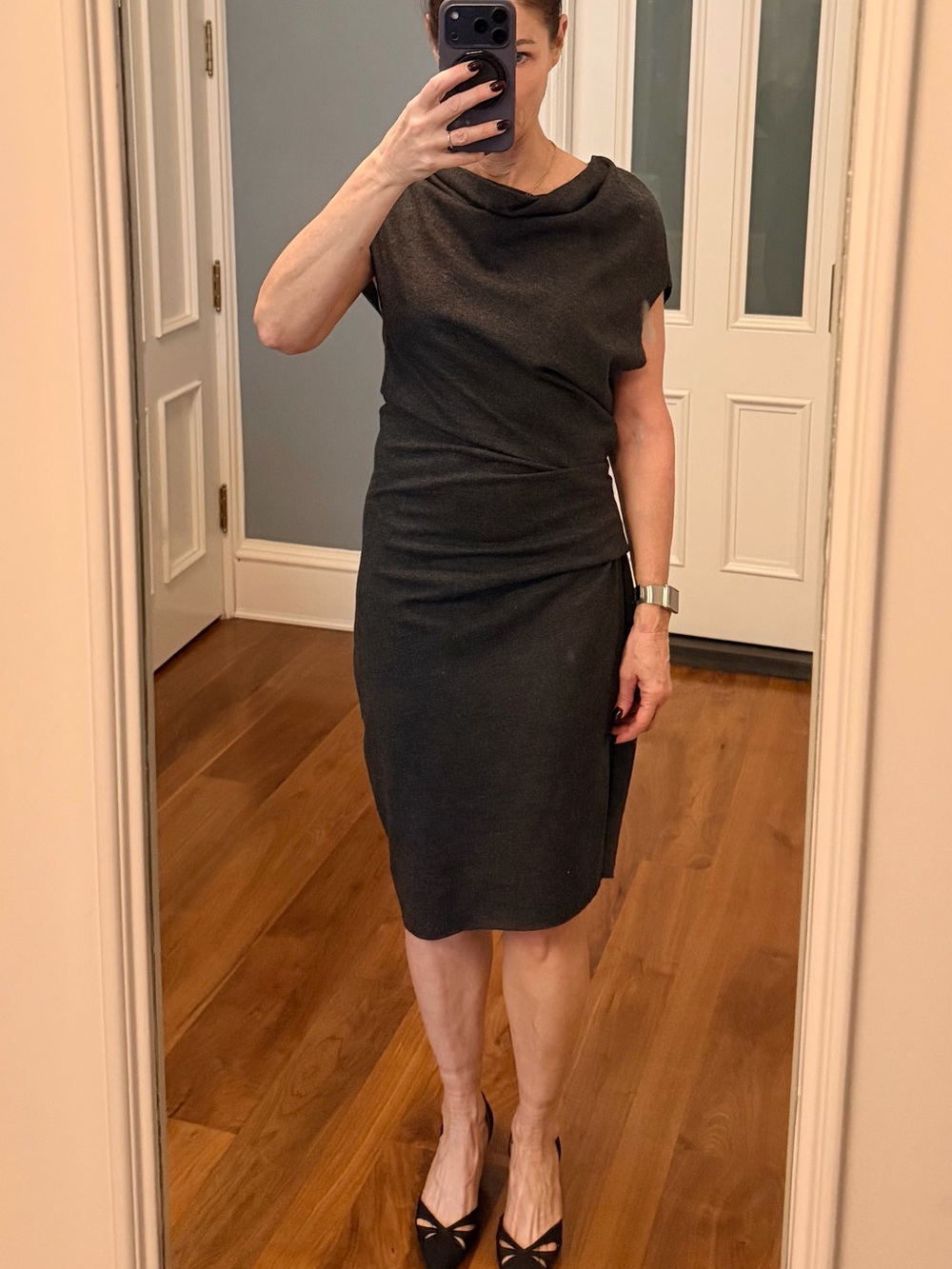 Helmut Lang Charcoal Assymetrical Draped Sheath Midi Dress
